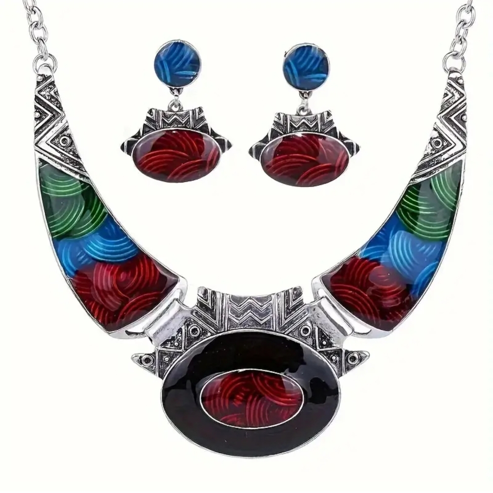 Statement Necklace and Earrings Jewelry Set - Silver with Blue & Red Enamel